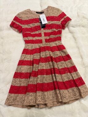 Ark & Co Red and Tan Lace Stripe Fit-and-Flare Dress